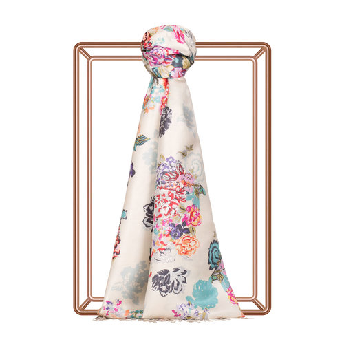 White Turquoise Waterside Garden Print Silk Scarf