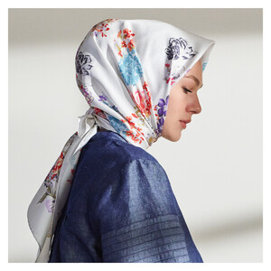 White Turquoise Waterside Garden Print Silk Twill Scarf - Thumbnail