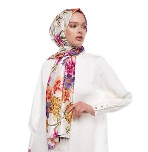 White Wild Garden Print Silk Scarf - Thumbnail