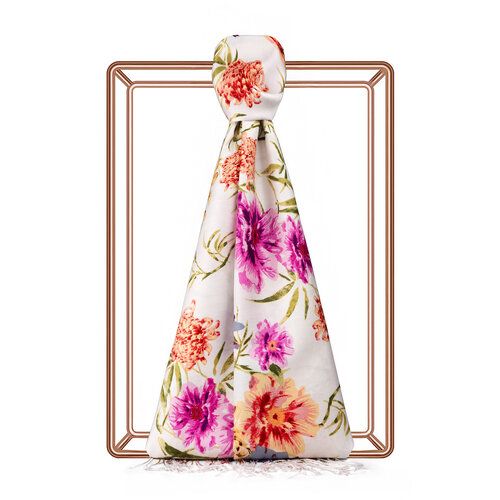 White Wild Garden Print Silk Scarf