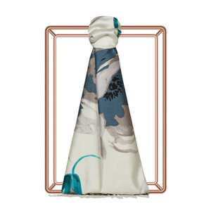 White Wild Rose Print Silk Scarf - Thumbnail