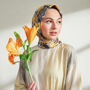 Yellow Vintage Garden Print Silk Twill Scarf - Thumbnail