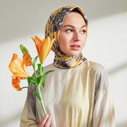 Yellow Vintage Garden Print Silk Twill Scarf