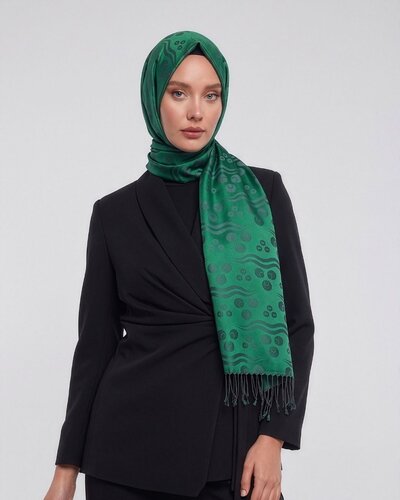 Zümrüt Yeşili Çintemani Desenli İpek Şal
